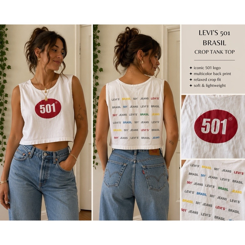 Levi's 501 Brasil Crop Tank Top Womens White Graphic Sleeveless Tee‎